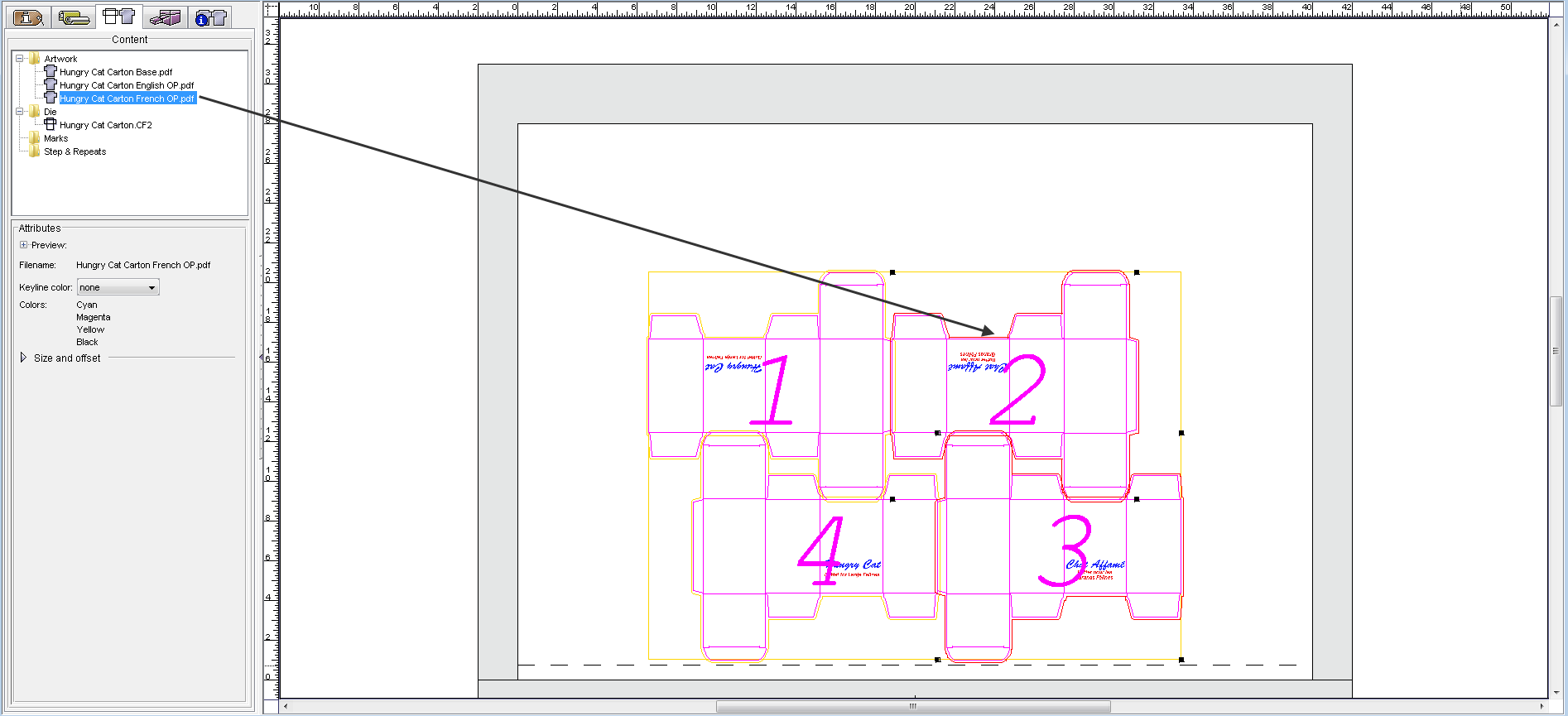 Pandora training > Objective 3—Import a die and artwork to the regional versioning job and position the artwork > DragFRtoDieStations2and3.png